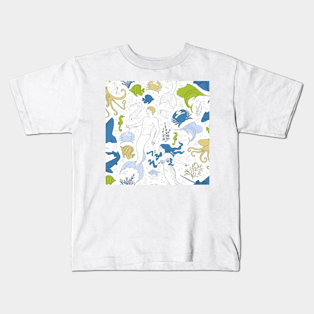 under the sea - white blue beige green Kids T-Shirt by kobyakov